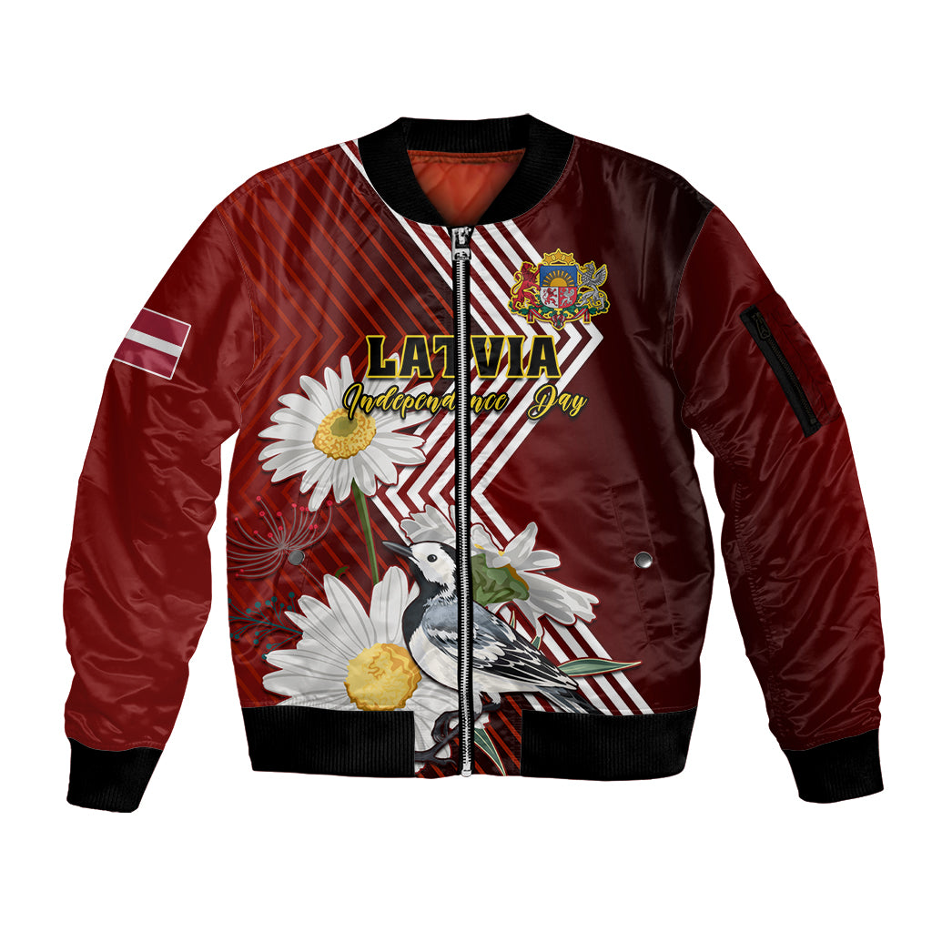 Latvia Independence Day Sleeve Zip Bomber Jacket Latvijas White Wagtail With Daisy Flowers - Wonder Print Shop