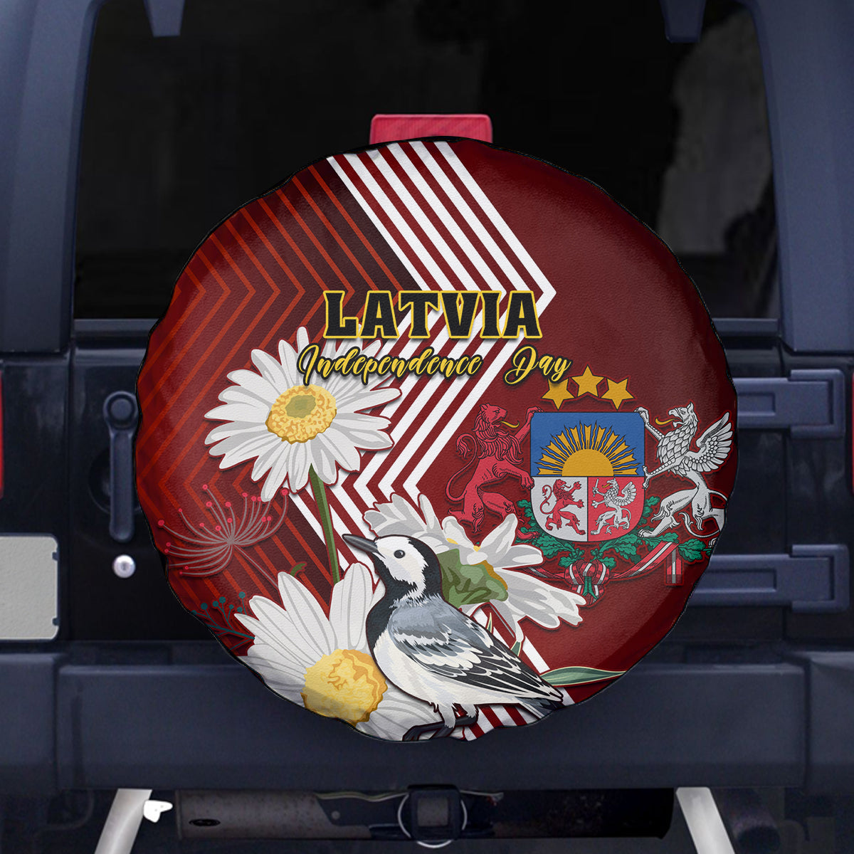 Latvia Independence Day Spare Tire Cover Latvijas White Wagtail With Daisy Flowers - Wonder Print Shop