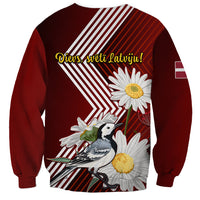 Red unisex sweatshirt with back print text, wagtail among daisies and striped pattern