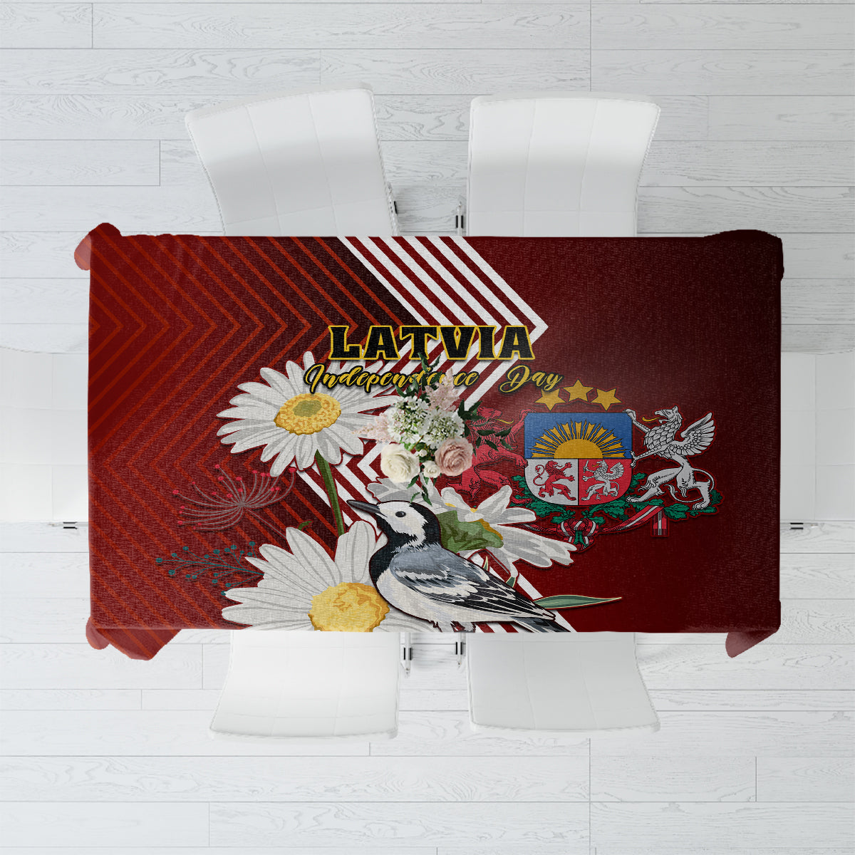 Latvia Independence Day Tablecloth Latvijas White Wagtail With Daisy Flowers - Wonder Print Shop