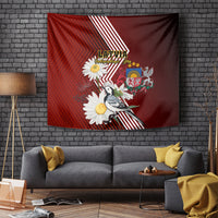 Red tapestry with wagtail bird, daisies, diagonal stripes, and Latvia crest