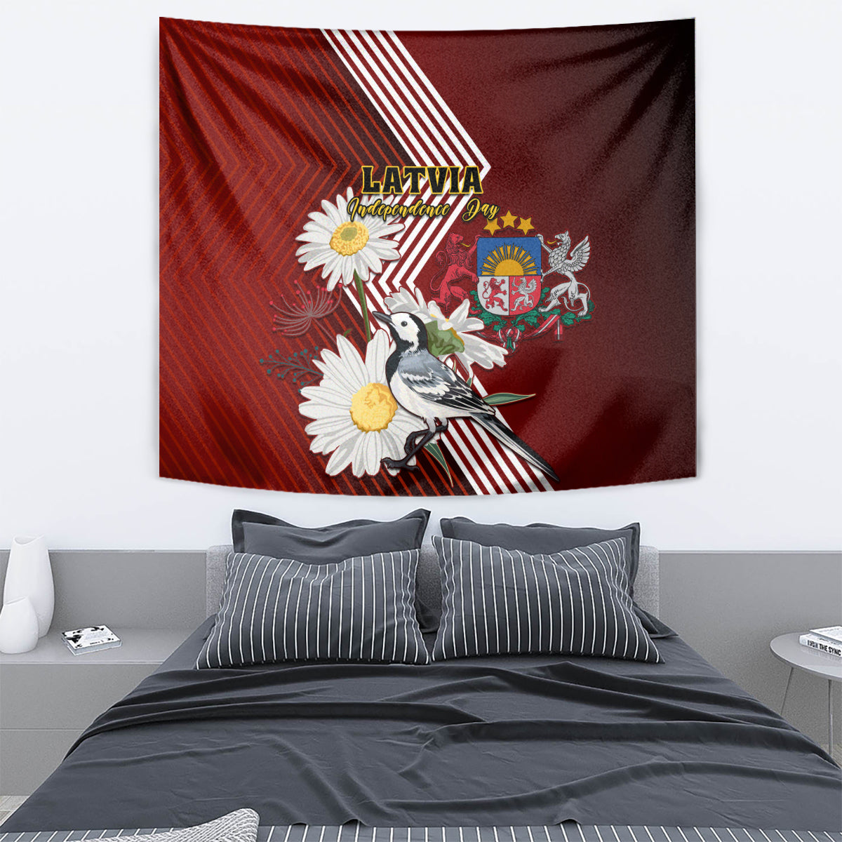Red wall tapestry featuring wagtail bird, daisy flowers, and Latvia crest with stripes