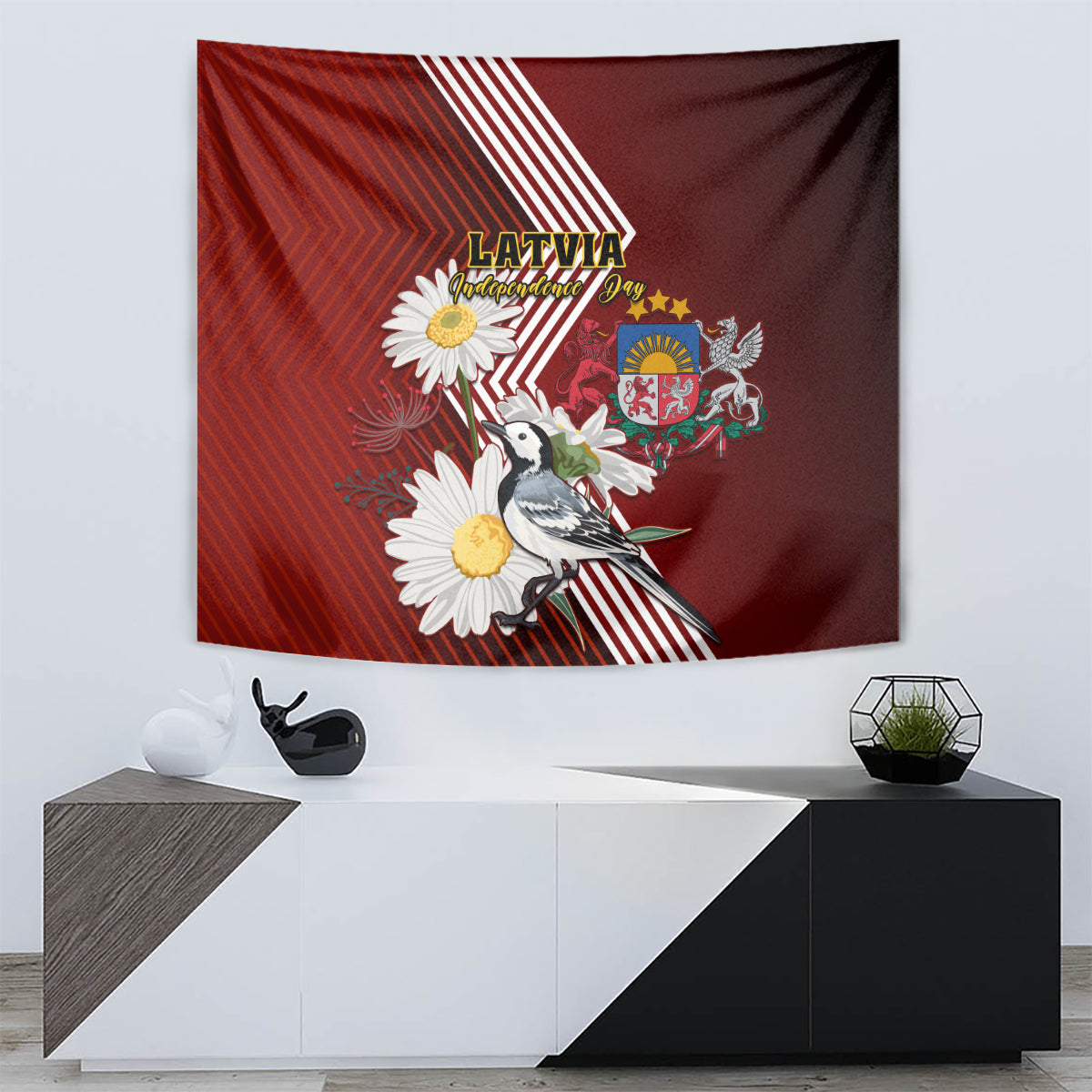 Red tapestry print with wagtail bird, daisies, Latvia text, and diagonal stripe pattern