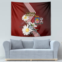 Red tapestry with wagtail bird, white daisies, Latvia crest, and diagonal red-and-white stripes