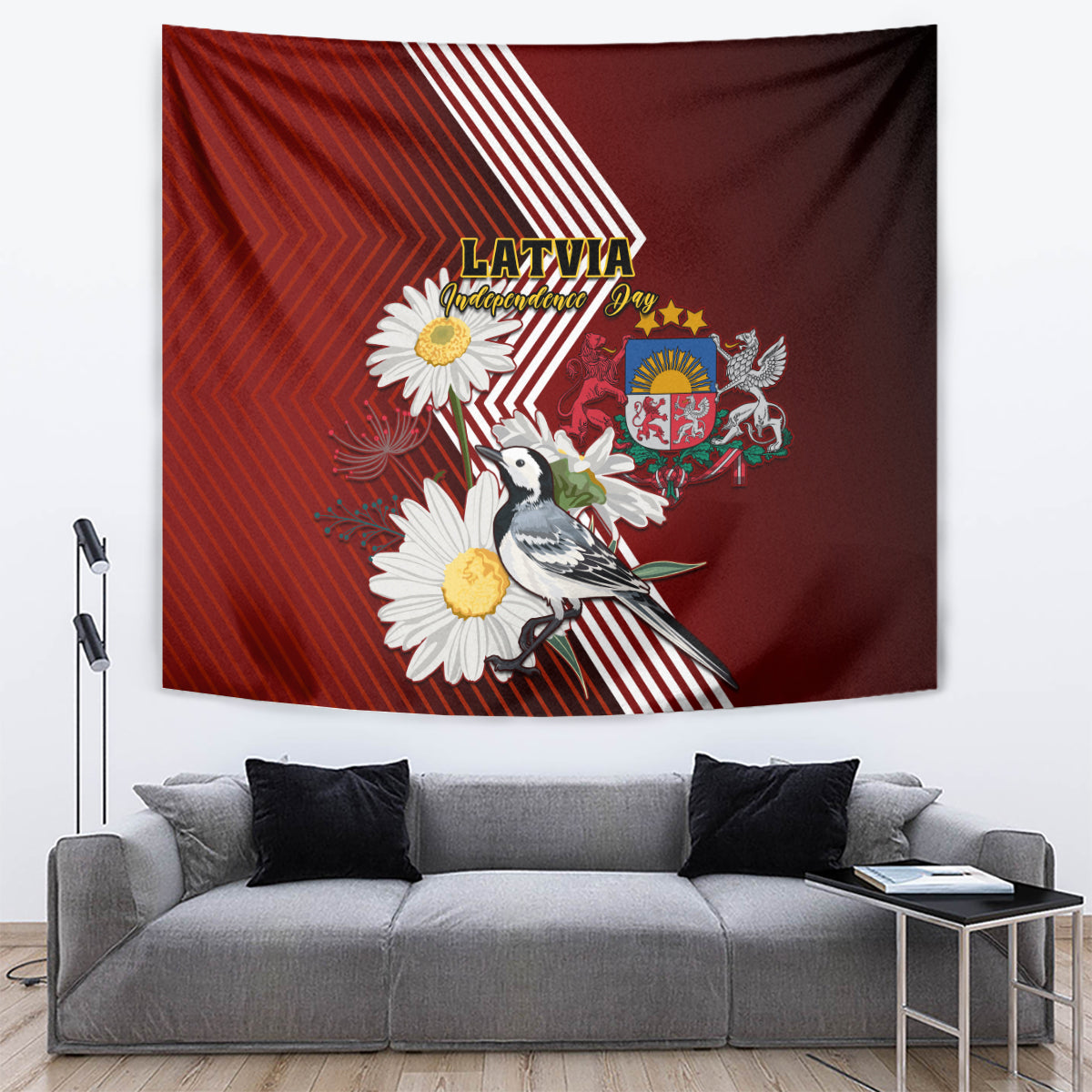 Red tapestry featuring wagtail bird, daisy flowers, Latvia lettering, and diagonal stripes