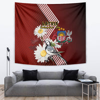 Red tapestry featuring wagtail bird, daisy flowers, Latvia lettering, and diagonal stripes