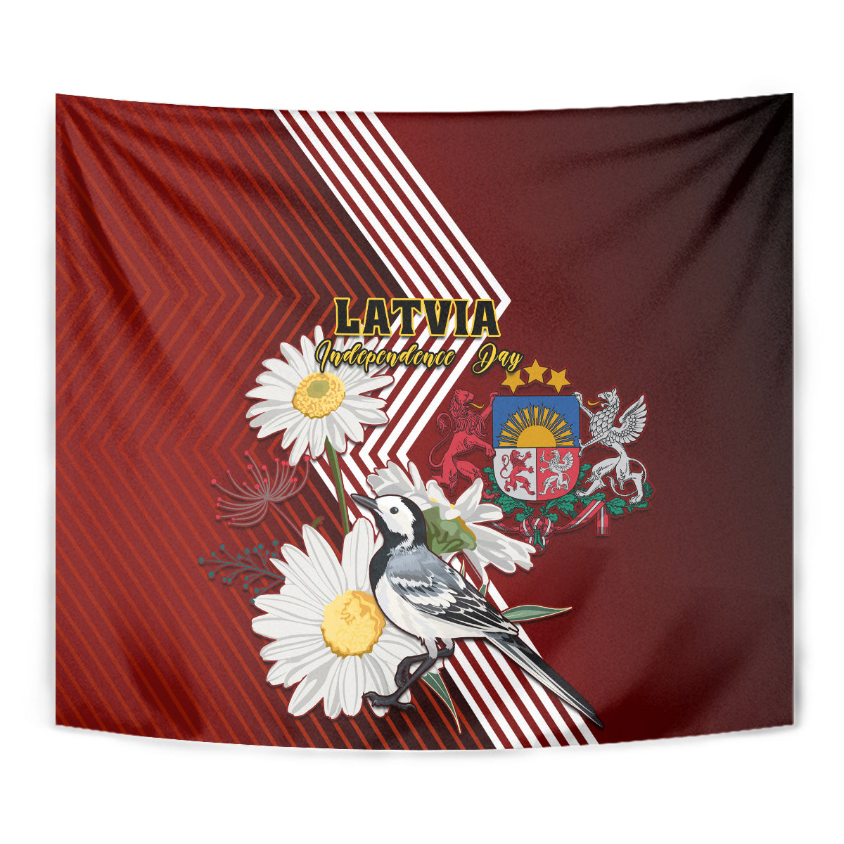 Red tapestry with wagtail bird, daisy flowers, Latvia lettering, and diagonal stripes