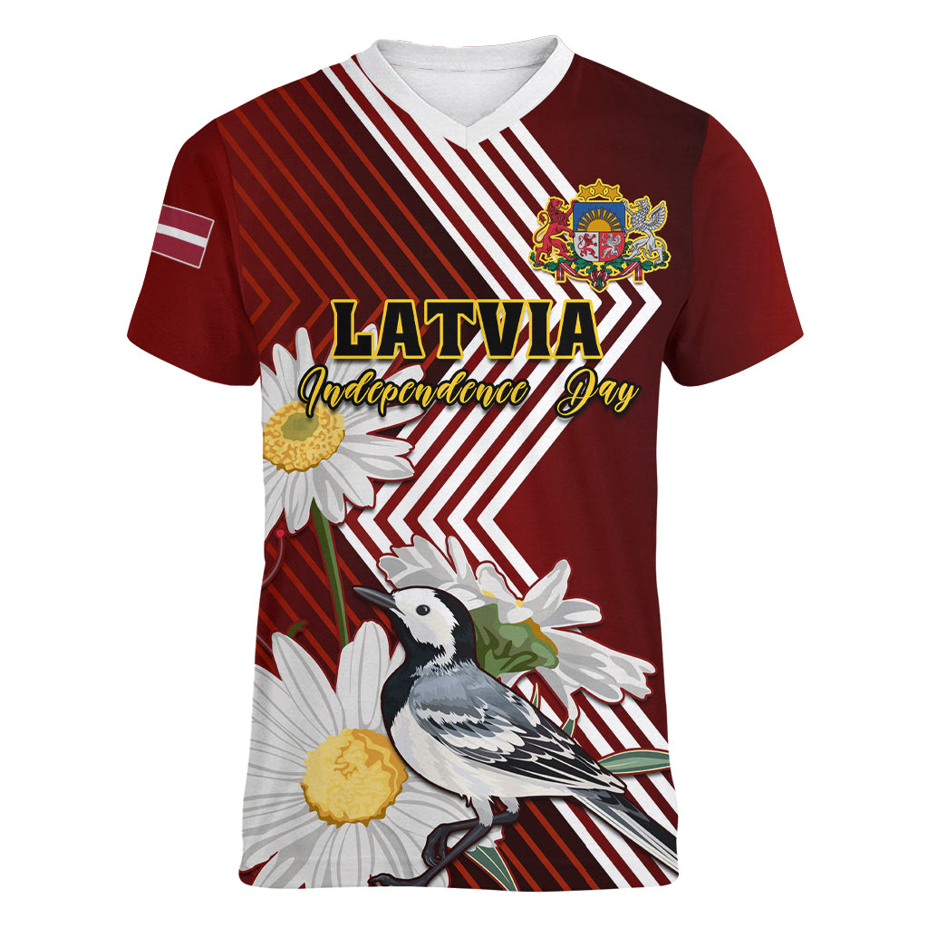 Latvia Independence Day Women V Neck T Shirt Latvijas White Wagtail With Daisy Flowers - Wonder Print Shop