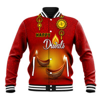 Red paisley baseball jacket, front button-up with diya graphic and 'HAPPY Diwali' text