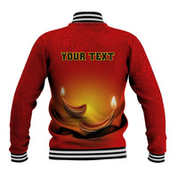 Red paisley baseball jacket, back button-up with diya graphic and 'YOUR TEXT' banner