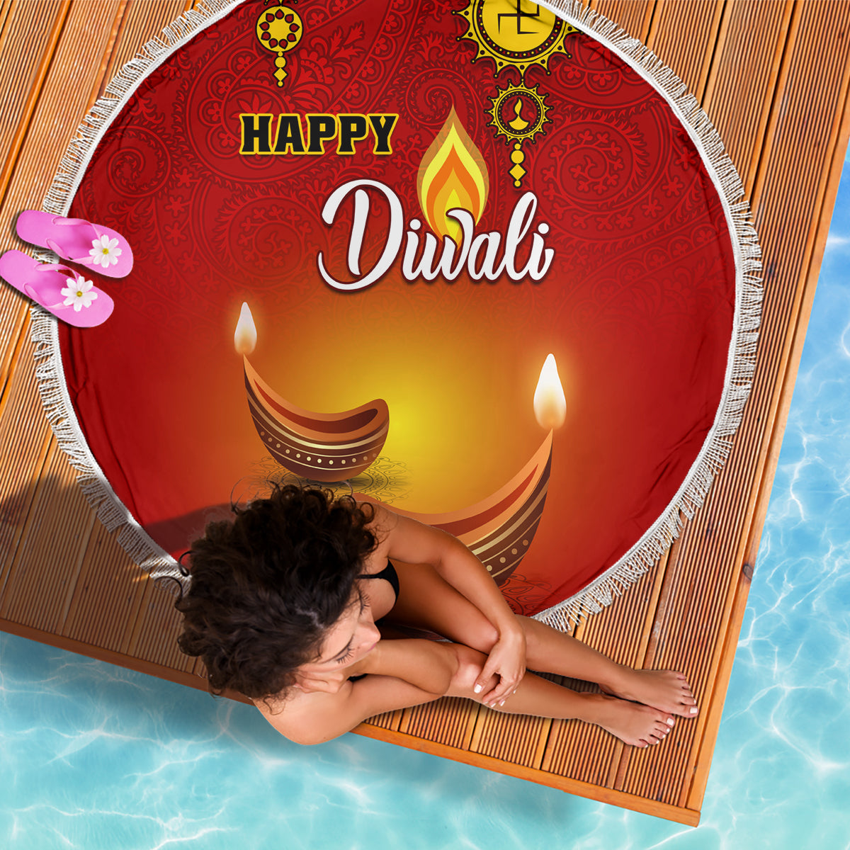 Red round Diwali beach blanket with paisley 'Happy Diwali' text and diya lamps