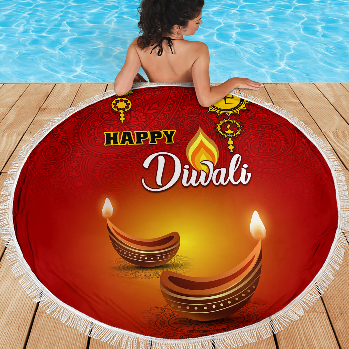 Red round Diwali beach blanket with paisley 'Happy Diwali' diya lamps and white fringe
