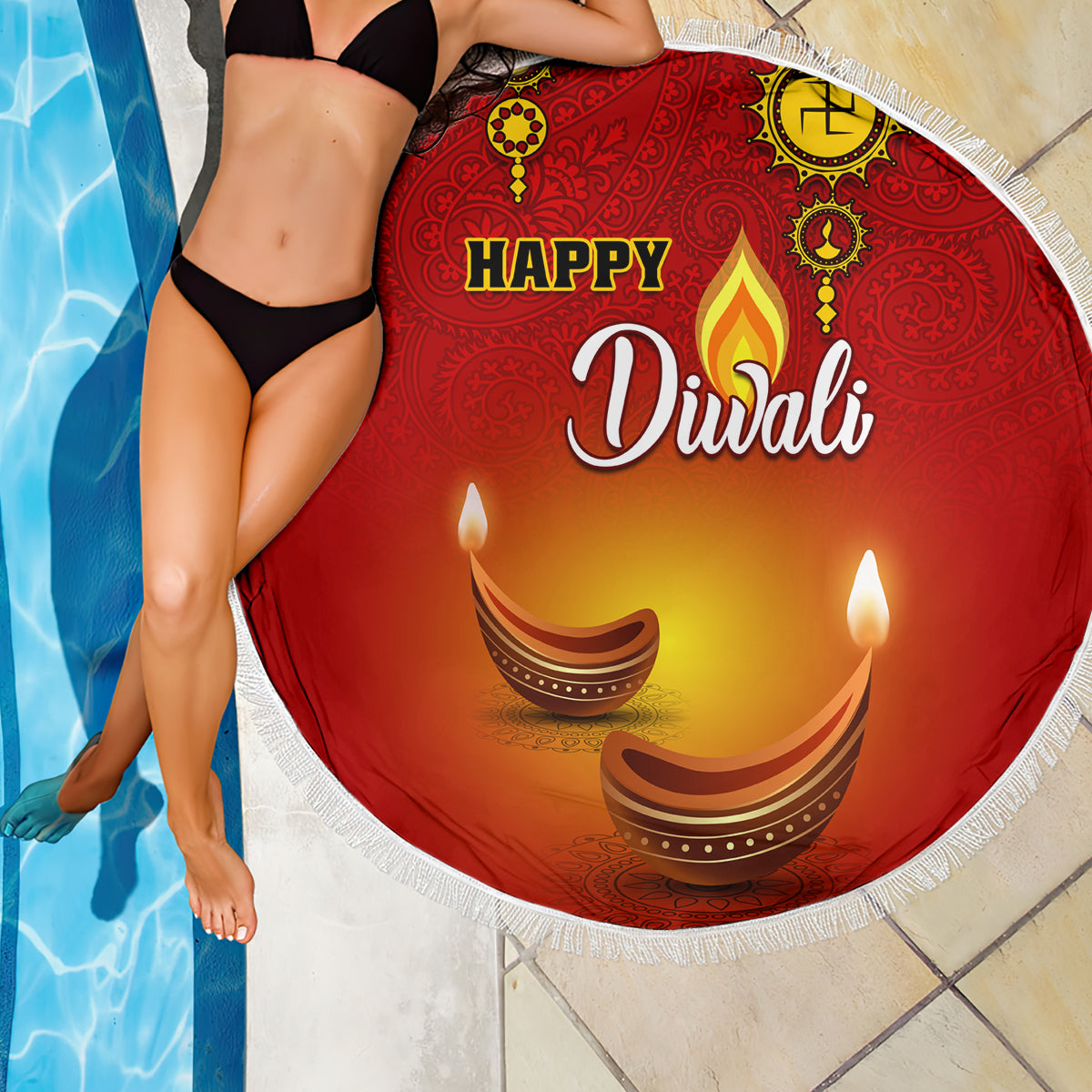 Red Diwali beach blanket with paisley diya lamps, 'Happy Diwali' text, fringed edge