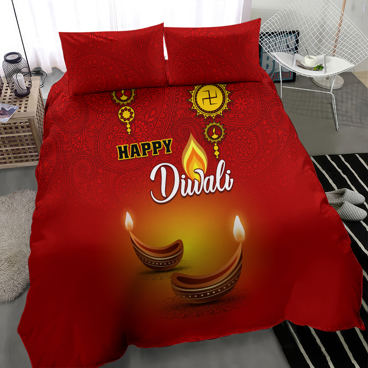 Red Diwali duvet set with paisley pattern, 'Happy Diwali' text and glowing diya candles