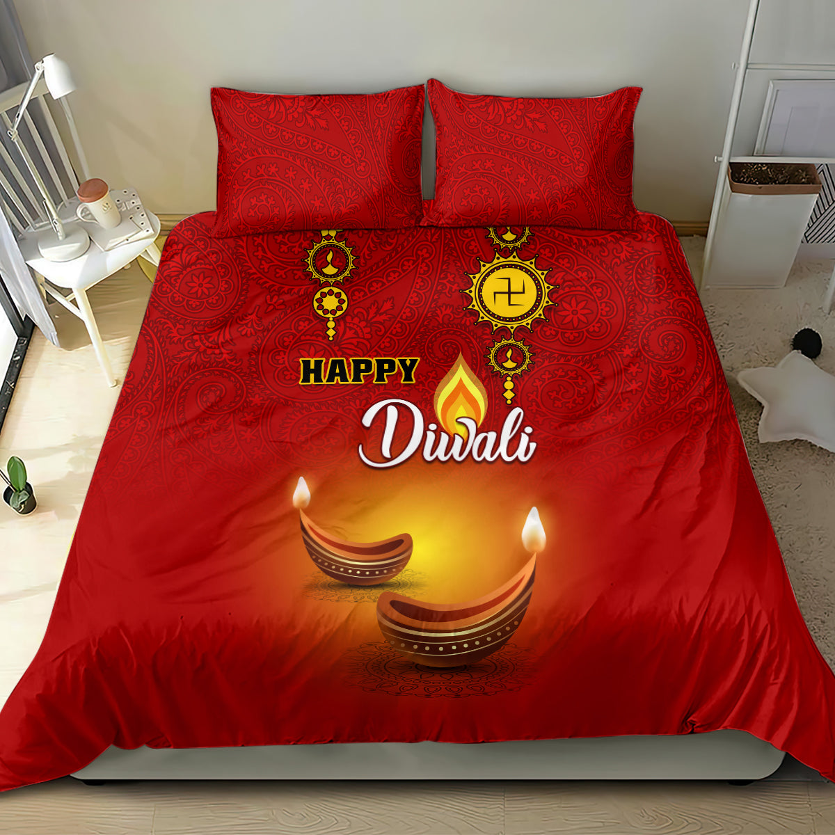 Red Diwali bedding set with paisley design, 'Happy Diwali' lettering and diya candle print