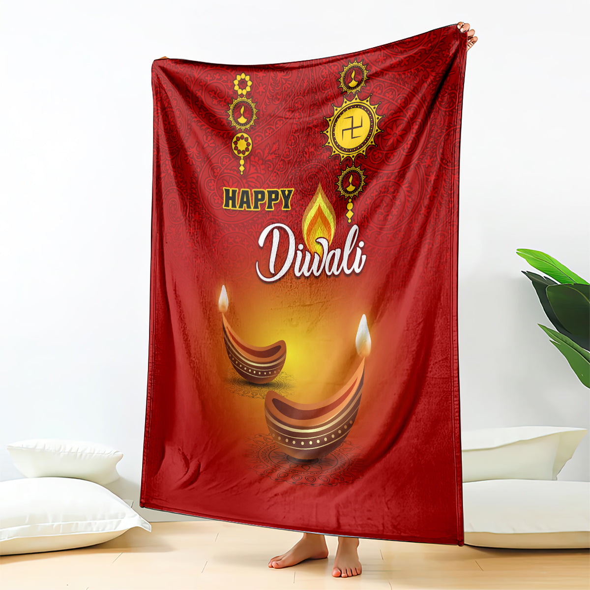 Red Diwali festival blanket with paisley pattern, 'Happy Diwali' and diya icons
