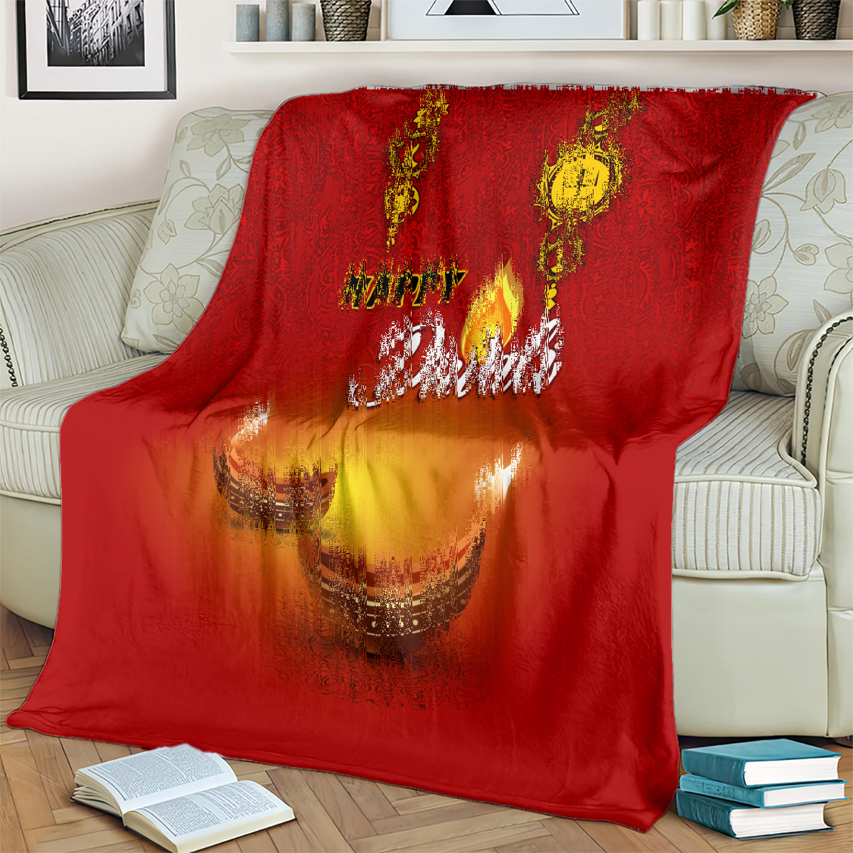 Red Diwali blanket with paisley border and glowing diya illustration