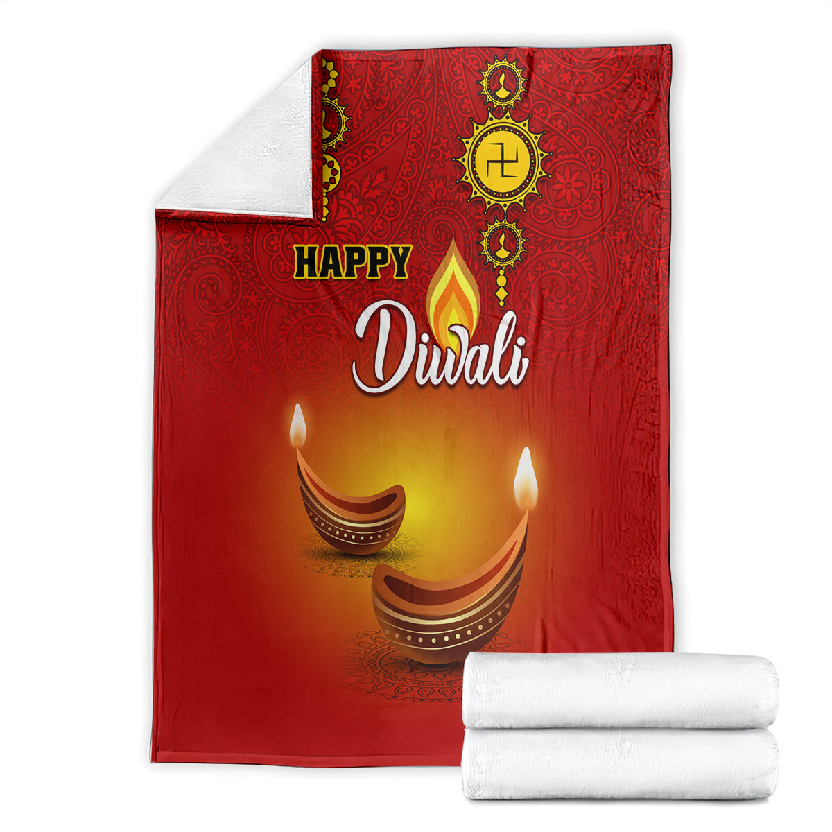 Red Diwali blanket with paisley print, 'Happy Diwali' text and diya candles