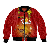 Red unisex bomber jacket with paisley pattern, zip front, diya 'Happy Diwali' print