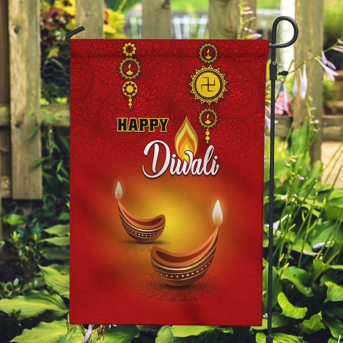 Diwali Festival Garden Flag Diya With Paisley Pattern - Wonder Print Shop