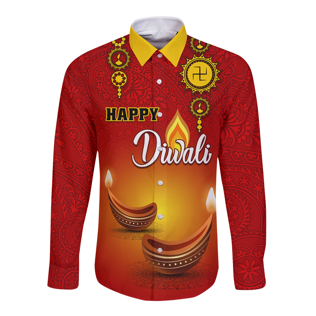 Red long-sleeve button shirt with yellow collar and Diwali graphic, paisley pattern