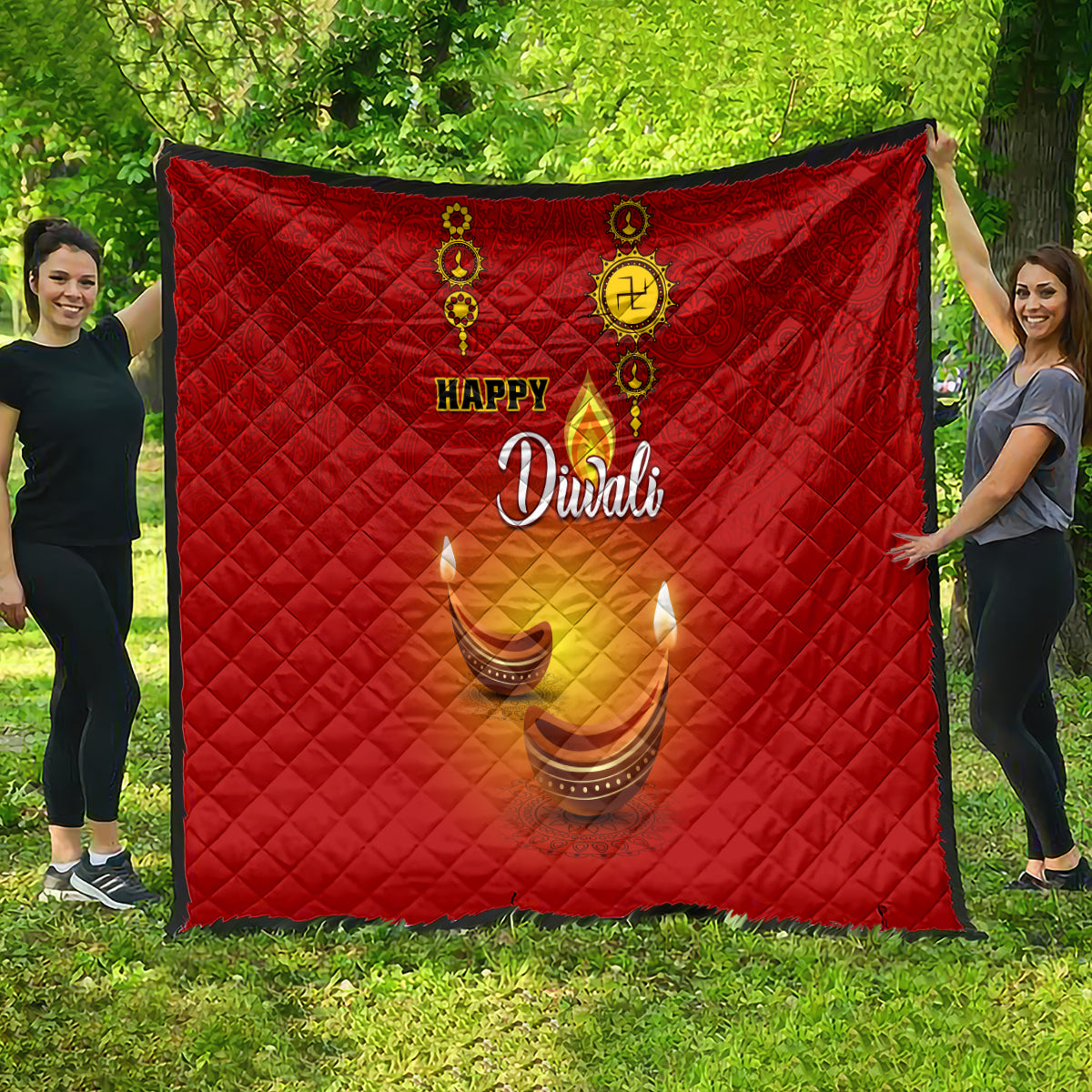 Red Diwali quilt with diamond quilting and Happy Diwali script over glowing diya candles