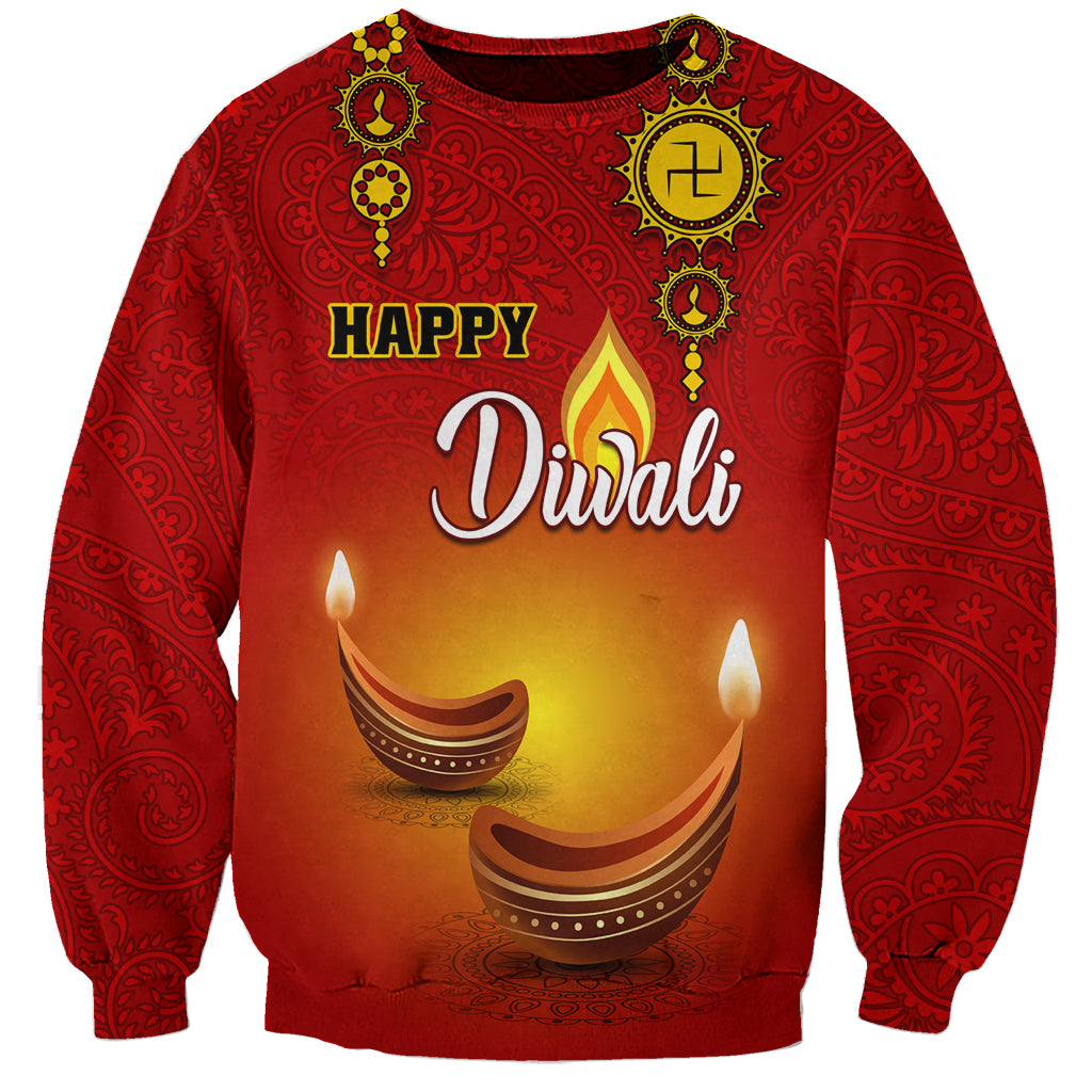 Red crewneck sweatshirt with paisley print and diya 'Happy Diwali' graphic
