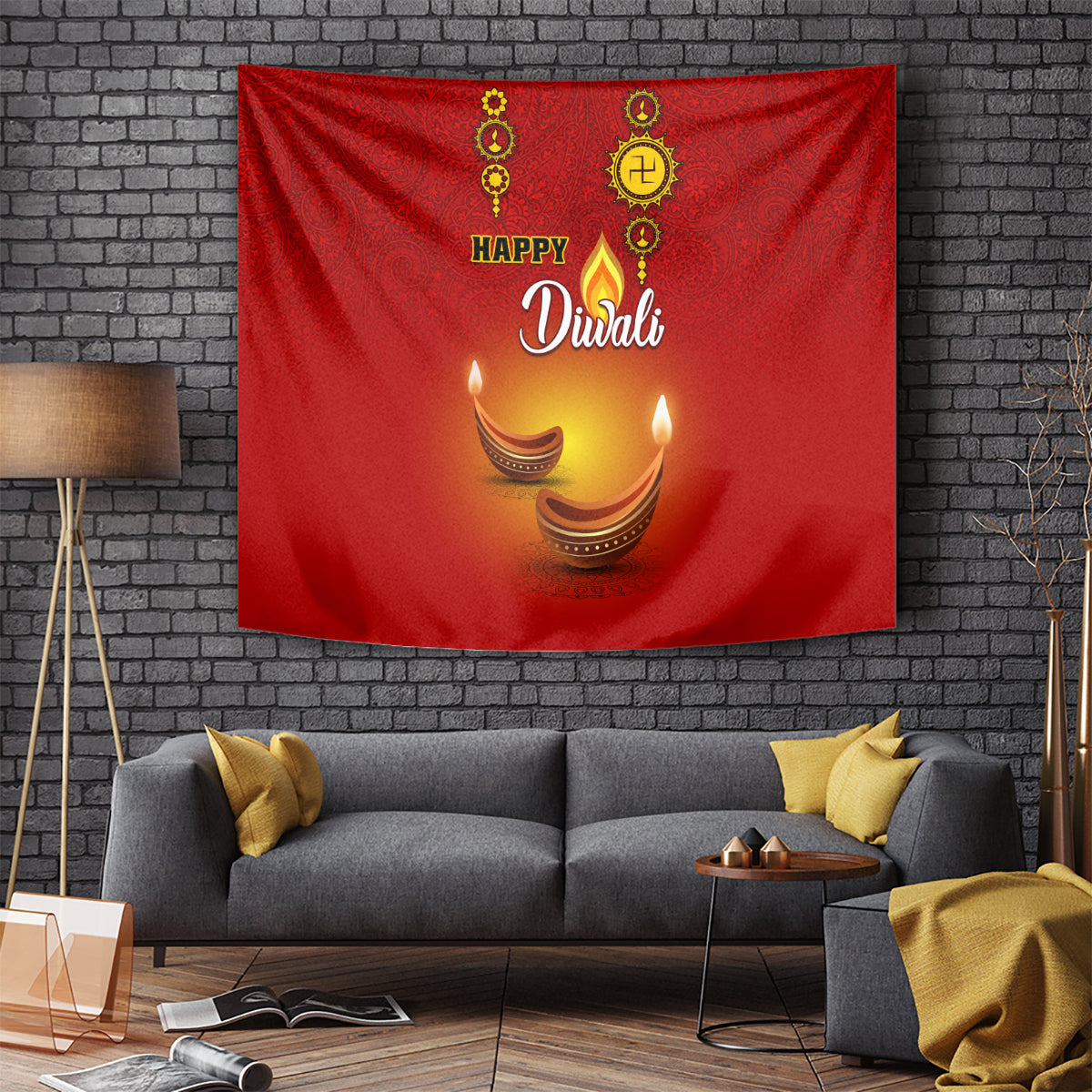 Red Diwali tapestry with paisley pattern, 'Happy Diwali' text and three lit diyas