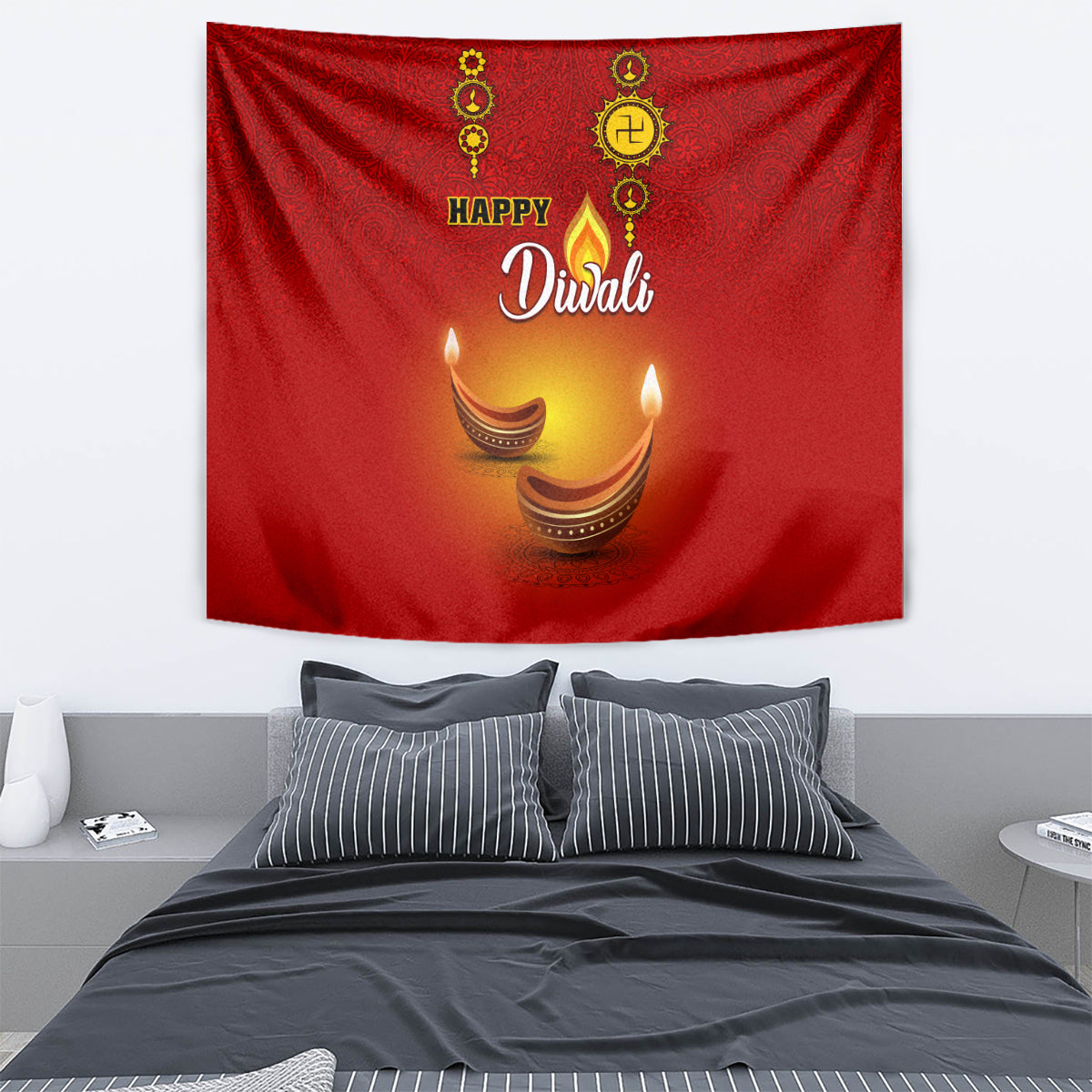 Red Diwali tapestry showing 'Happy Diwali' lettering and three glowing diyas