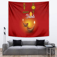 Red Diwali tapestry with paisley design, 'Happy Diwali' and three oil lamps