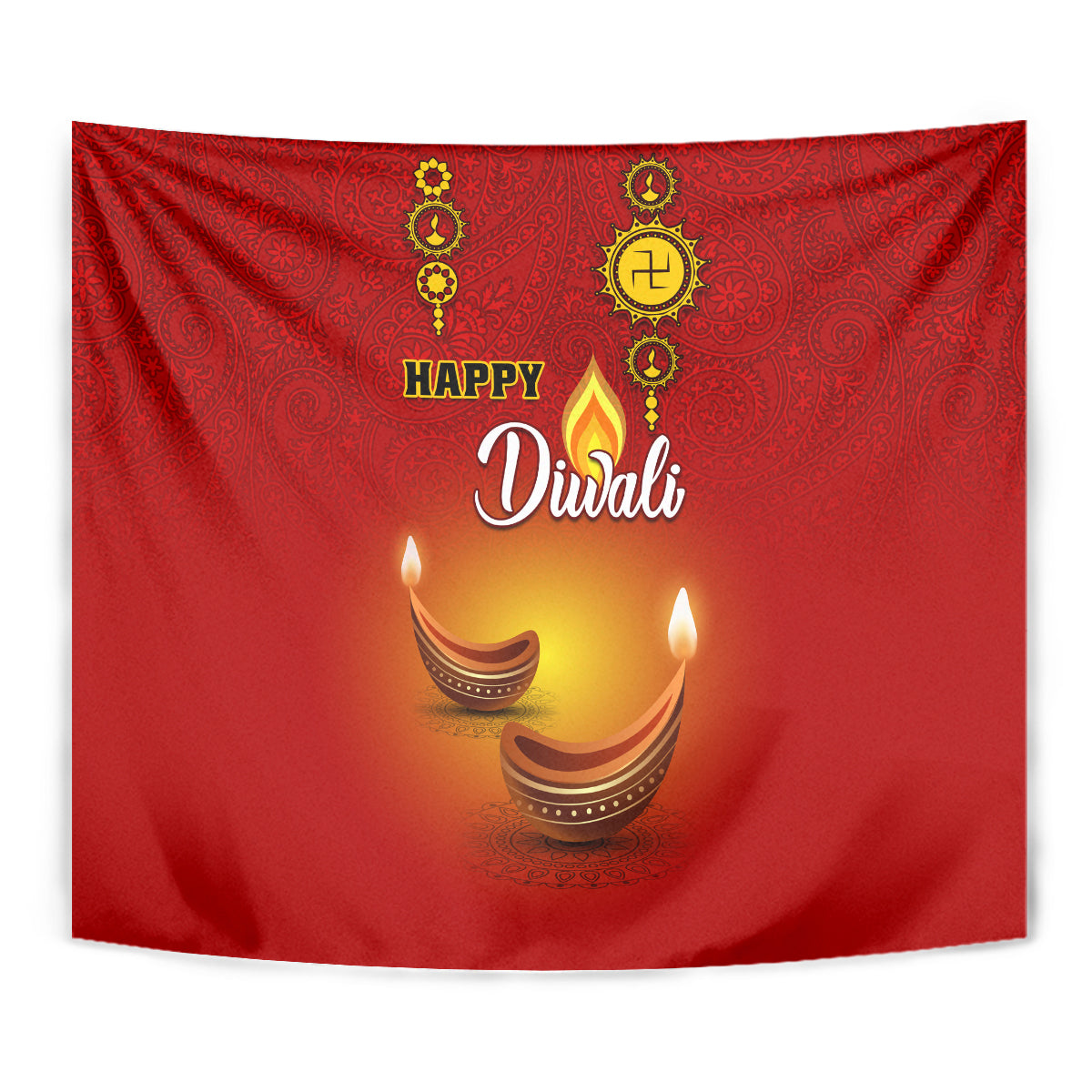 Red Diwali tapestry close-up: 'Happy Diwali' and three lit diyas with paisley details