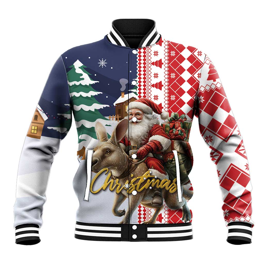 Unisex Christmas baseball jacket with Santa and reindeer, plaid panels, ribbed cuffs