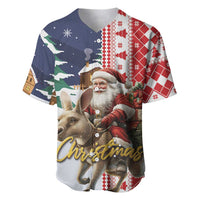 Christmas-themed baseball jersey with Santa, reindeer, plaid and navy print