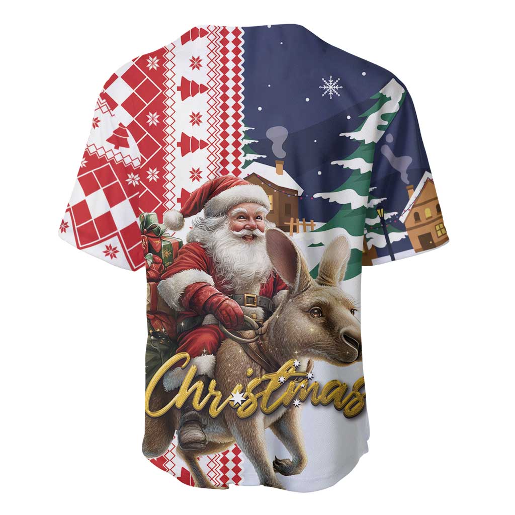 Christmas baseball jersey with Santa and reindeer, red-white pattern panels, navy background