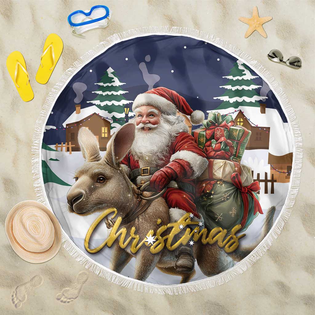 Round Christmas beach blanket with Santa, reindeer, and gift box graphic, fringed edge