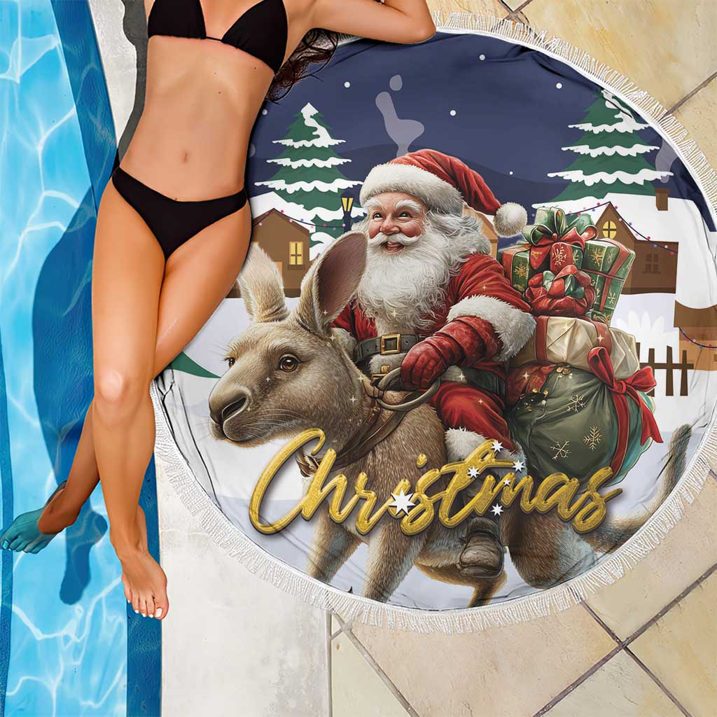 Round Christmas beach blanket with Santa and reindeer, gift box graphic, fringed edge