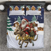 Christmas bedding set with duvet and two pillow shams, Santa kangaroo over blue snow pattern