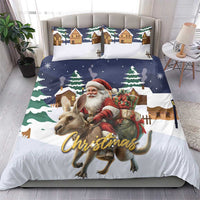 Christmas bedding set with duvet and two pillow shams, navy and white Santa kangaroo scene