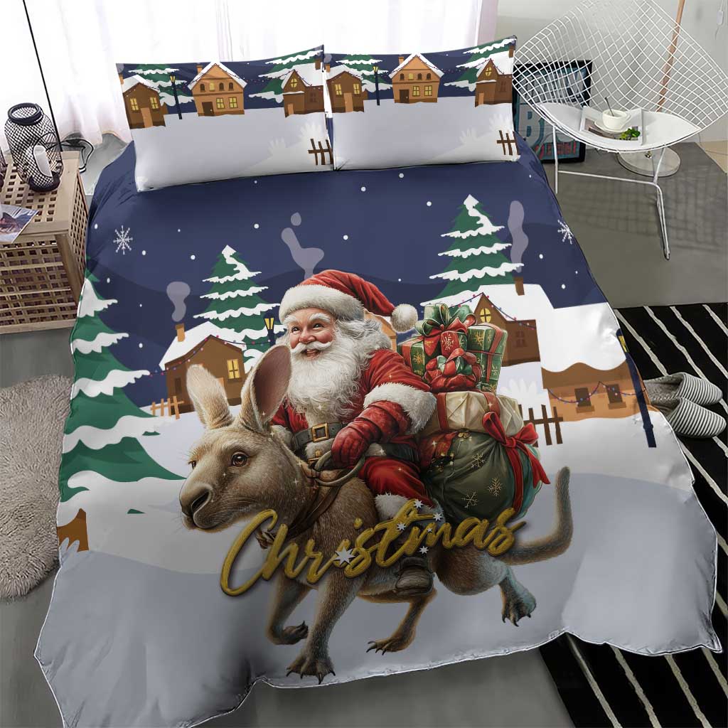 Christmas bedding set with duvet and two pillow shams, Santa kangaroo carrying gift boxes