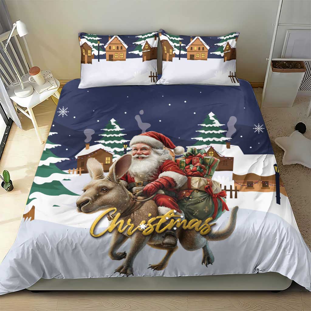 Christmas duvet cover and two pillow shams, Santa kangaroo with houses and pine trees