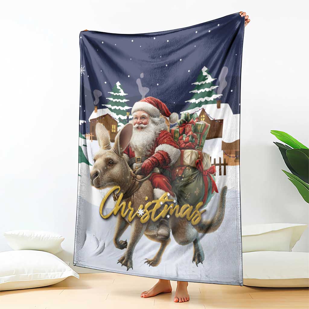 Christmas throw blanket held up with Santa, reindeer, gift boxes, and 'Christmas' script
