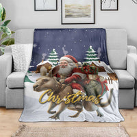 Christmas throw blanket with Santa and reindeer, 'Christmas' script, dark blue/white