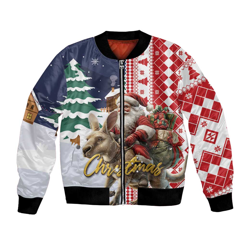 Unisex Christmas bomber jacket with red, white, and dark blue graphic panels and front zipper