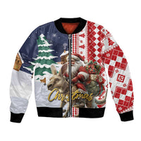 Unisex Christmas bomber jacket with red, white, and dark blue graphic panels and front zipper