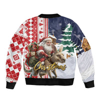 Unisex Christmas bomber jacket with Santa, reindeer and grid patterns; navy and white sleeves