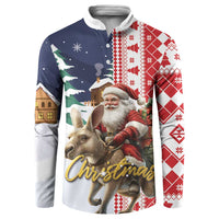 Men’s button-front sweatshirt with Santa, reindeer, and red plaid snowflake pattern