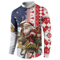 Men’s button-front sweatshirt with Santa and reindeer, red-and-white patterned sleeves
