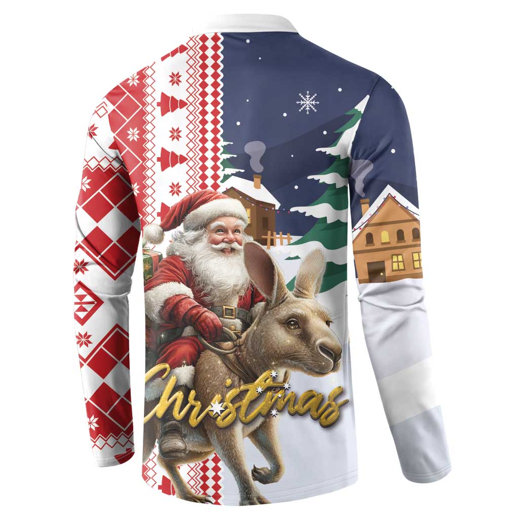 Men’s button-front sweatshirt with Santa riding reindeer, navy and red holiday print