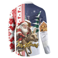 Men’s button-front sweatshirt with Santa riding reindeer, navy and red holiday print