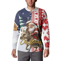 Men’s button-front sweatshirt with Santa and reindeer front graphic, holiday plaid sides